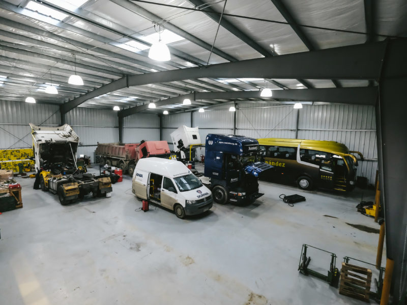 Prefab Steel Building Automotive Workshop. 85x87 Scania Warehouse located in Punta Arenas, Chile.