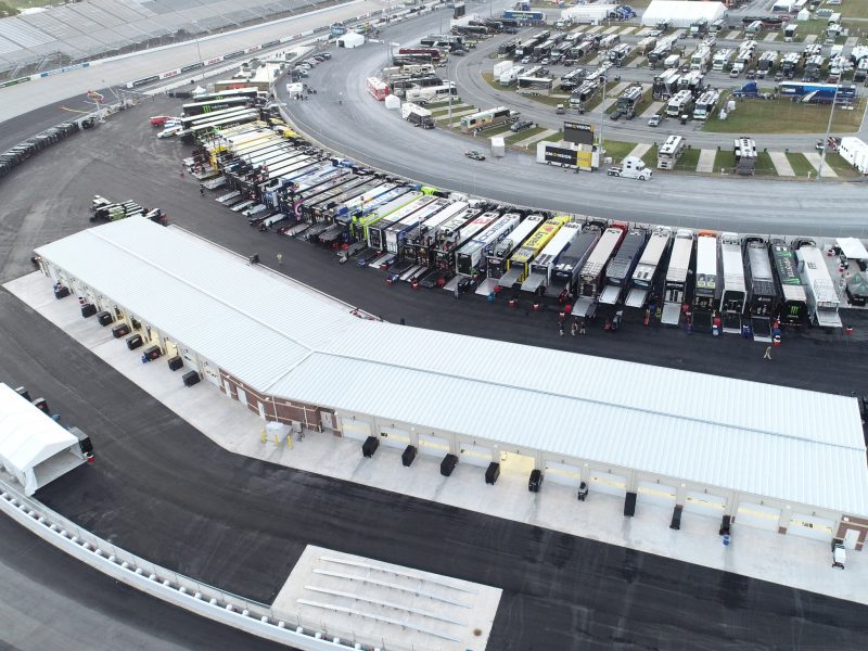 Aerial shot of the 400‘ x 60‘ x 14‘ metal garage kit for Dover International Speedway’s new NASCAR Cup Series