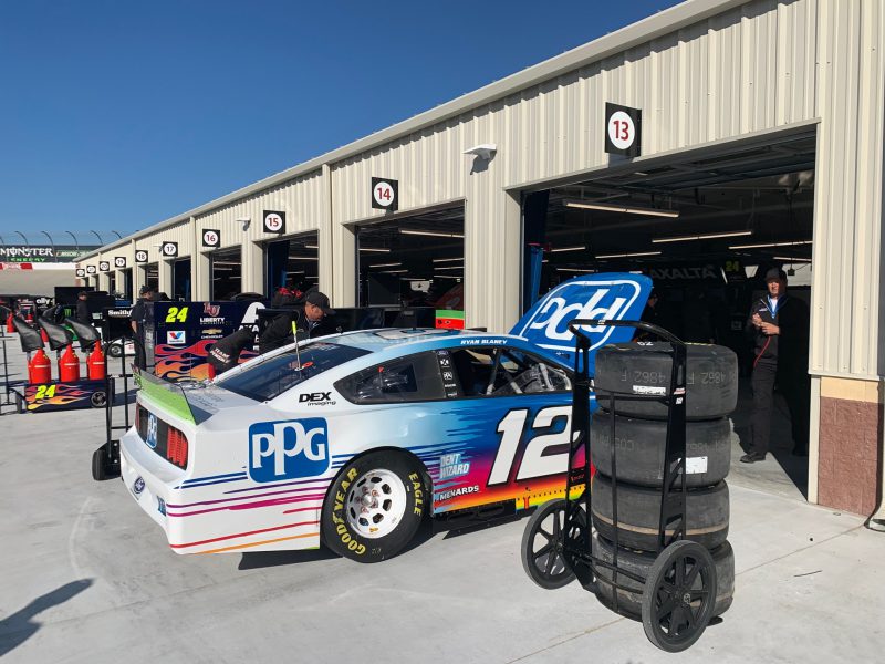 Dover International Speedway’s new NASCAR Cup Series garage with doors, wainscoting, gutters and downspouts