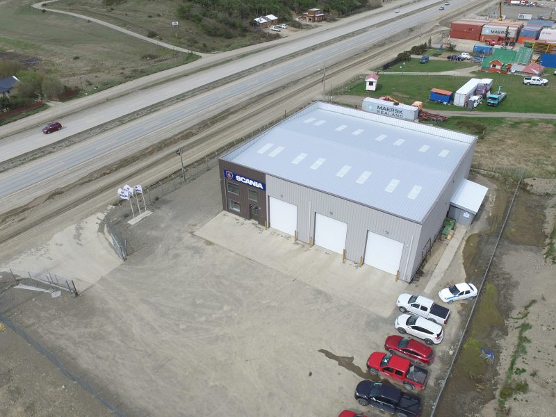 Aerial shot of the 85‘ x 87‘ x 22‘ Scania Automotive Workshop located in Punta Arenas, Chile