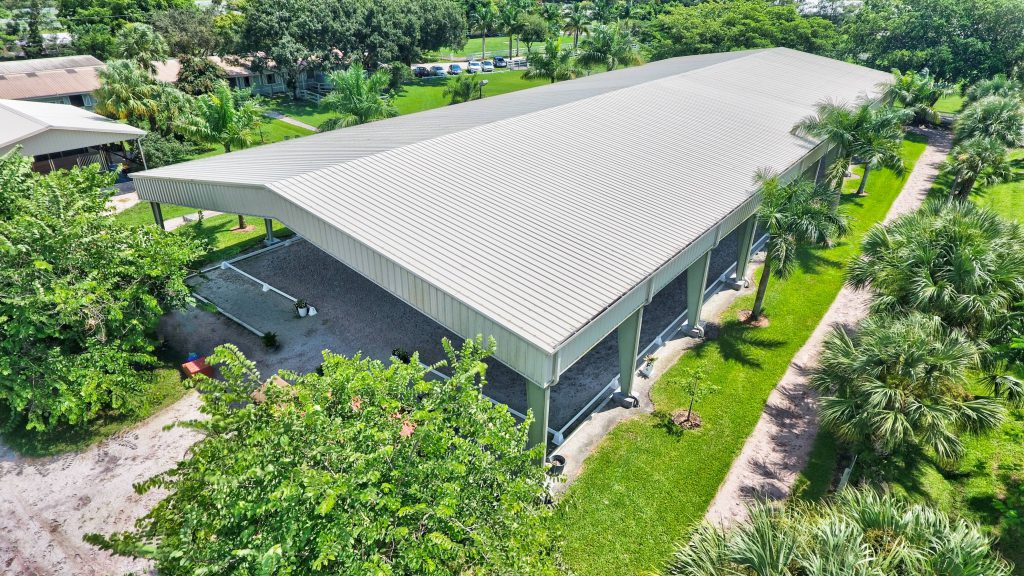 Aerial image of Allied Steel Buildings project for a 16,000 square foot covered riding arena