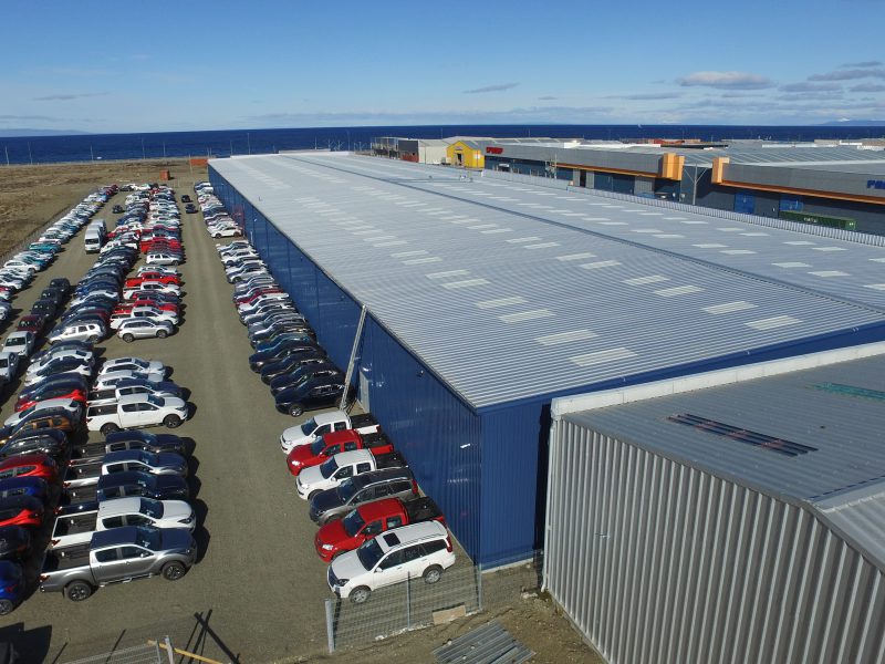 Car park area outside the warehouse and showroom building kit design located in Punta Areas, Chile