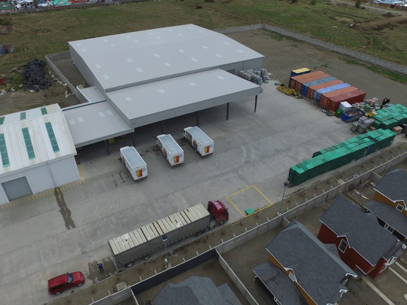 Aerial shot of a metal building kit for brewery storage with polar white walls and roofs