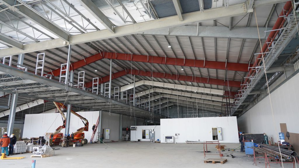 Interior of a 53,482 square foot seafood processing facility made of steel building kit located in Punta Arenas, Chile