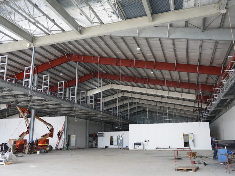 Interior of a 53,482 square foot seafood processing facility made of steel building kit located in Punta Arenas, Chile