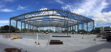 Exposed steel building framing on a jobsite