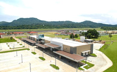 Aerial view of large retail steel building plaza