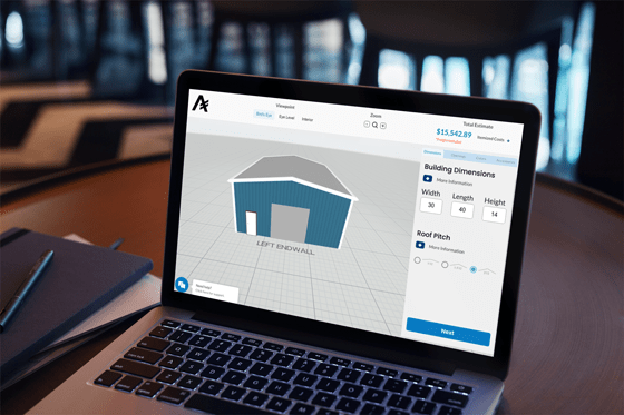 3D Steel Building Design platform with instant pricing, steel building design on laptop